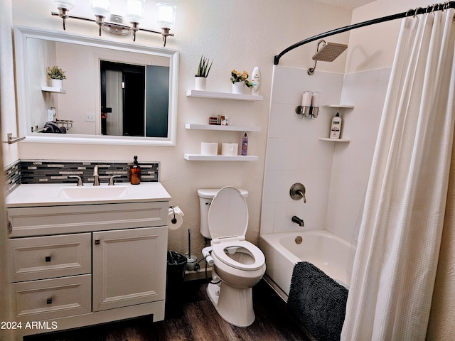 1801 N 87th Pl, Scottsdale, AZ 85257 - bathroom featuring wood finished floors, vanity, and shower / bathtub combination with curtain