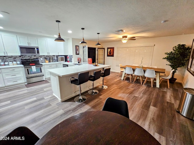 1801 N 87th Pl, Scottsdale, AZ 85257 - kitchen with stainless steel appliances, a peninsula, light wood-type flooring, ceiling fan, and recessed lighting
