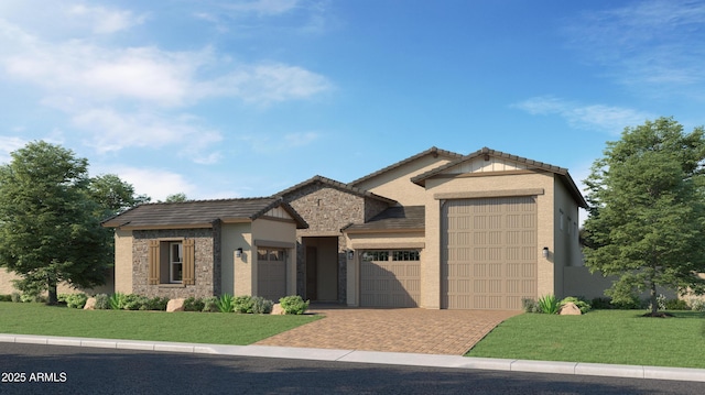 view of front facade featuring stone siding, an attached garage, decorative driveway, a front lawn, and stucco siding