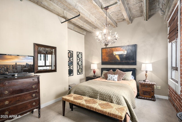 bedroom with beam ceiling, light colored carpet, and a chandelier