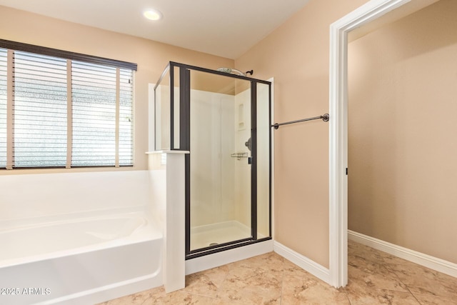 3443 E Jasper Dr, Gilbert, AZ 85296 - bathroom with a stall shower, a garden tub, baseboards, and recessed lighting