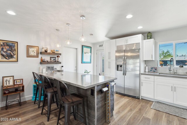 2129 W Indianola Ave, Phoenix, AZ 85015 - kitchen featuring stainless steel refrigerator with ice dispenser, a sink, a kitchen breakfast bar, white cabinetry, and decorative backsplash