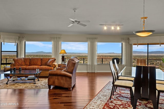 interior space featuring a ceiling fan, wood finished floors, a mountain view, and baseboards