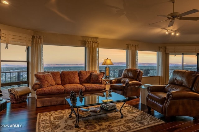 living area with hardwood / wood-style floors and a ceiling fan