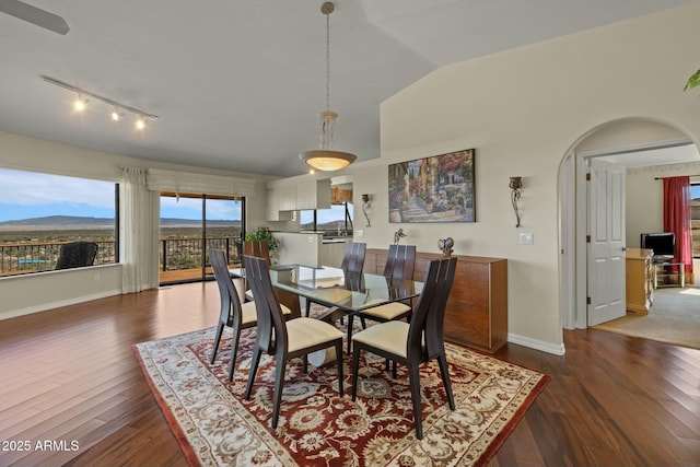 dining area featuring baseboards, dark wood finished floors, lofted ceiling, arched walkways, and a mountain view