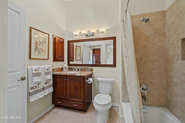 full bathroom featuring tile patterned floors, shower / bath combo with shower curtain, toilet, baseboards, and vanity