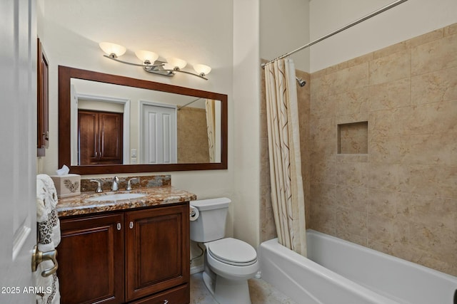 full bathroom with toilet, vanity, and shower / bath combination with curtain