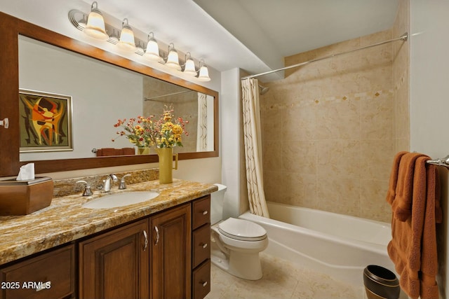 full bath with vanity, shower / tub combo, toilet, and tile patterned flooring