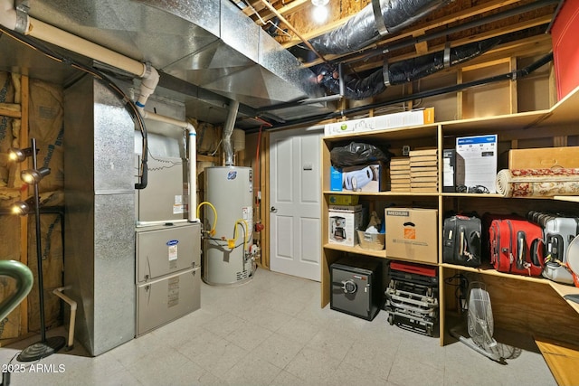 unfinished basement with water heater, heating unit, and tile patterned floors