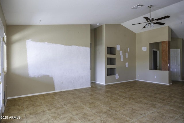 unfurnished room featuring visible vents, baseboards, ceiling fan, high vaulted ceiling, and tile patterned flooring