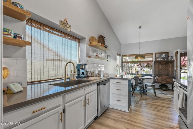 kitchen featuring light wood-style flooring, a sink, white cabinetry, stainless steel dishwasher, and open shelves