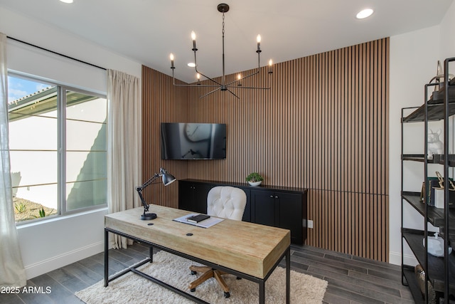 3281 Maverick Dr, Wickenburg, AZ 85390 - office featuring baseboards, a wealth of natural light, wood tiled floor, and a chandelier
