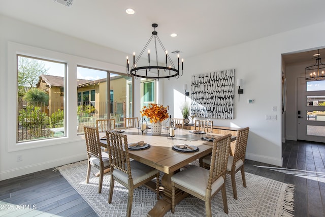 3281 Maverick Dr, Wickenburg, AZ 85390 - dining space with baseboards, dark wood-style floors, a chandelier, and recessed lighting