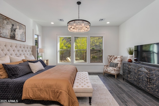 3281 Maverick Dr, Wickenburg, AZ 85390 - bedroom featuring recessed lighting, visible vents, a notable chandelier, and dark wood-type flooring