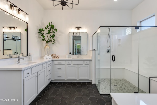 3281 Maverick Dr, Wickenburg, AZ 85390 - bathroom featuring a stall shower, tile patterned flooring, and vanity