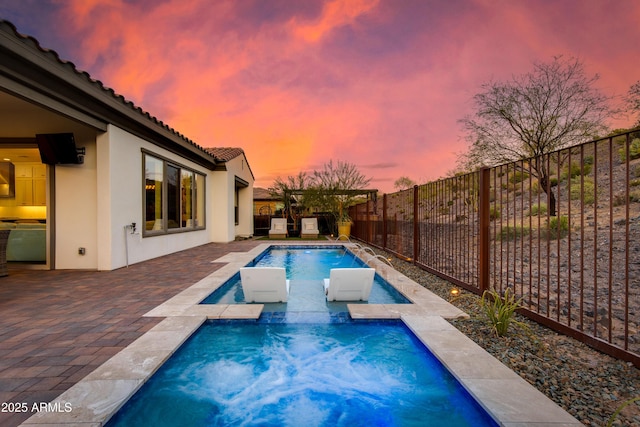 3281 Maverick Dr, Wickenburg, AZ 85390 - view of swimming pool featuring a fenced in pool, a fenced backyard, an in ground hot tub, and a patio area