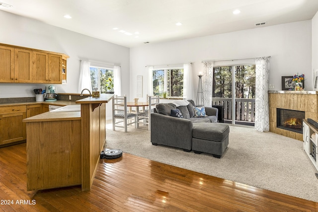 4371 E Savannah Cir, Flagstaff, AZ 86004 - living room featuring dark wood-style flooring, visible vents, a tiled fireplace, and recessed lighting