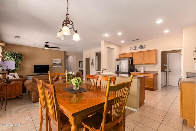 dining area with recessed lighting, light tile patterned flooring, visible vents, and a ceiling fan