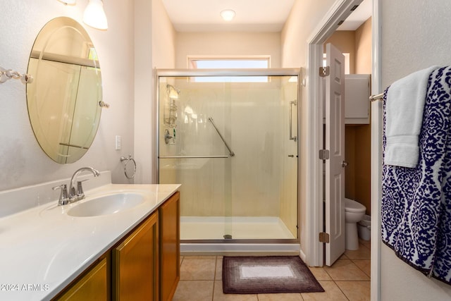 bathroom featuring toilet, tile patterned flooring, a shower stall, and vanity