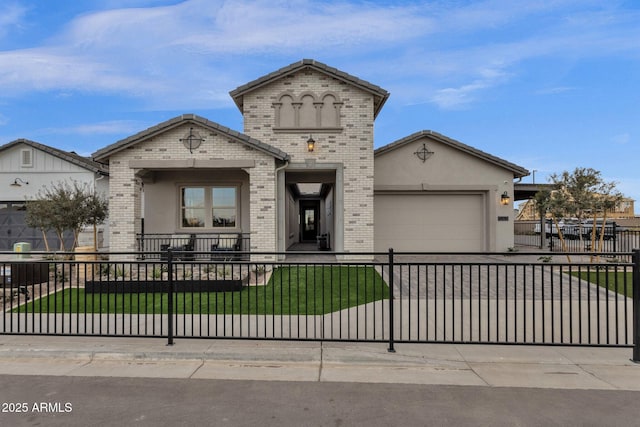 1145 E Gleneagle Dr, Chandler, AZ 85249 - view of front facade featuring brick siding, a garage, driveway, stucco siding, and covered porch