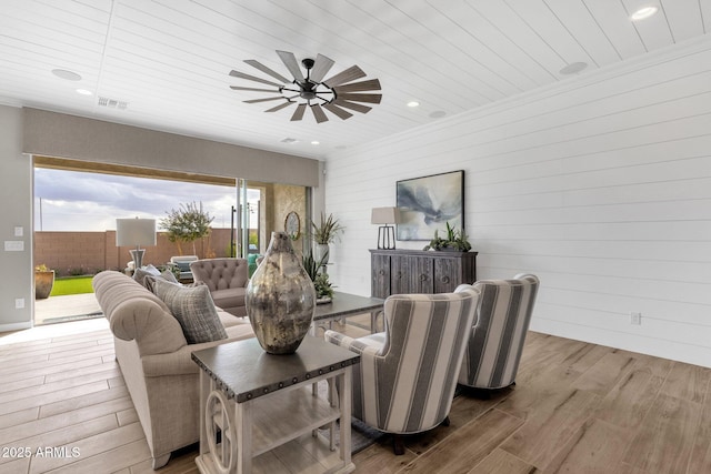 1145 E Gleneagle Dr, Chandler, AZ 85249 - living area featuring wood finished floors, ceiling fan, wooden ceiling, wood walls, and recessed lighting