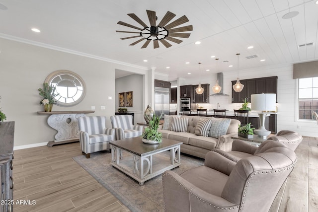 1145 E Gleneagle Dr, Chandler, AZ 85249 - living room featuring a ceiling fan, baseboards, light wood-style floors, recessed lighting, and ornamental molding