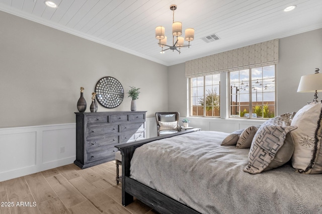 1145 E Gleneagle Dr, Chandler, AZ 85249 - bedroom with a chandelier, light wood finished floors, recessed lighting, a wainscoted wall, and crown molding