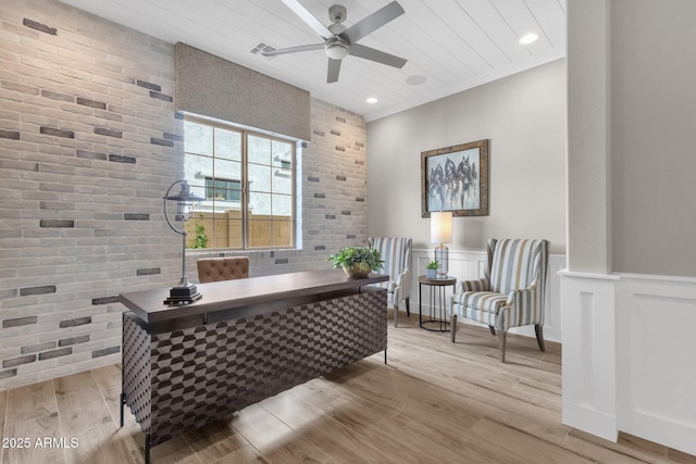 1145 E Gleneagle Dr, Chandler, AZ 85249 - office area featuring brick wall, ceiling fan, light wood finished floors, wainscoting, and recessed lighting