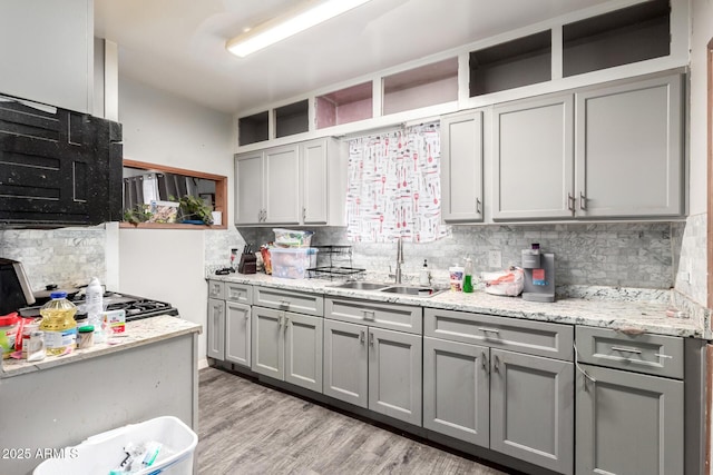 9353 W Monroe St, Tolleson, AZ 85353 - kitchen with gray cabinetry, a sink, open shelves, and tasteful backsplash