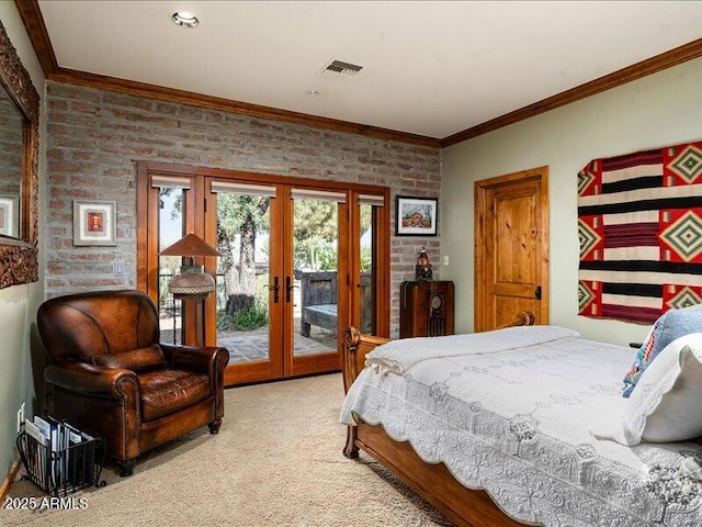 8022 N Ironwood Dr, Paradise Valley, AZ 85253 - carpeted bedroom featuring french doors, access to exterior, brick wall, and ornamental molding