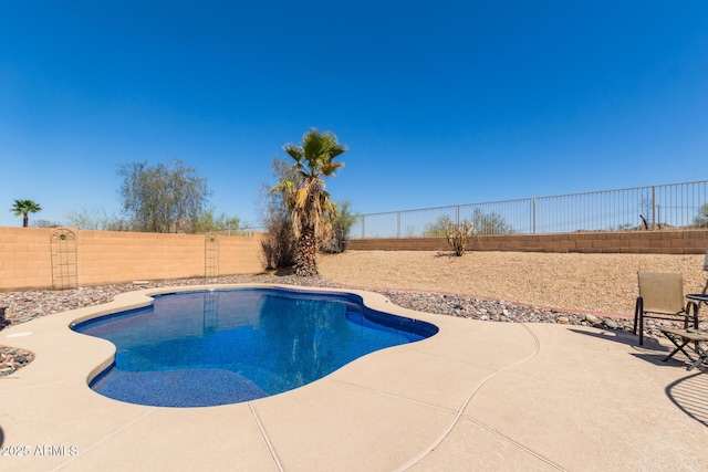 view of swimming pool with a patio area, a fenced in pool, and a fenced backyard