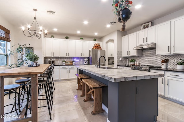 kitchen with a center island with sink, visible vents, stainless steel appliances, under cabinet range hood, and a sink