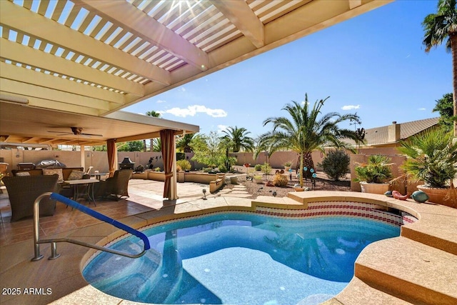 view of pool featuring a patio, a fenced in pool, a fenced backyard, outdoor dining area, and a pergola