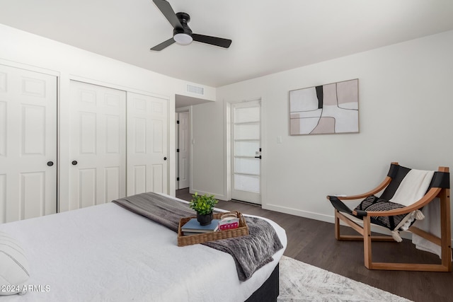 bedroom featuring ceiling fan and dark wood-type flooring