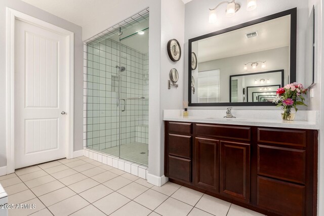 913 W Yosemite Dr, Chandler, AZ 85248 - bathroom featuring a stall shower, vanity, baseboards, and tile patterned flooring