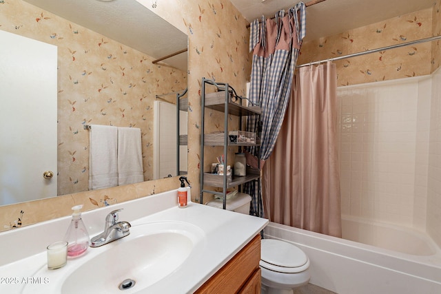 full bathroom with vanity, toilet, and shower / bathtub combination with curtain