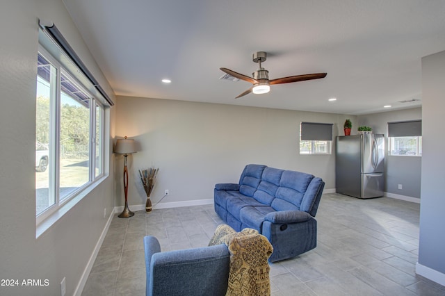 living room with ceiling fan