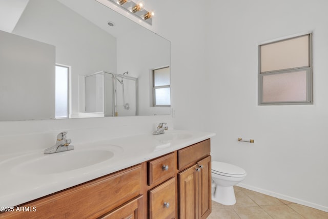 bathroom with tile patterned flooring, an enclosed shower, vanity, and toilet