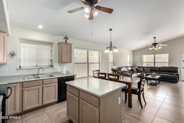 kitchen with sink, light brown cabinets, black dishwasher, a kitchen island, and lofted ceiling