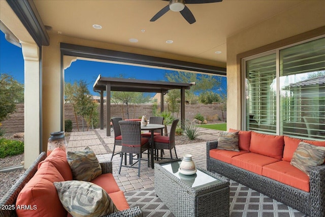 29344 N 132nd Ln, Peoria, AZ 85383 - view of patio / terrace featuring an outdoor living space, outdoor dining space, a fenced backyard, and a ceiling fan
