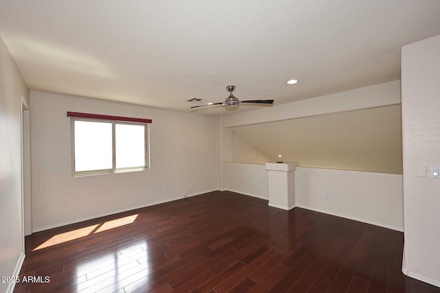 bonus room featuring wood finished floors, a ceiling fan, baseboards, and recessed lighting