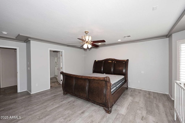 bedroom with light wood-type flooring, baseboards, a ceiling fan, and recessed lighting
