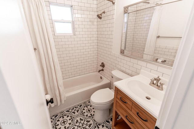 full bathroom featuring vanity, backsplash, toilet, tile walls, and shower / tub combo with curtain