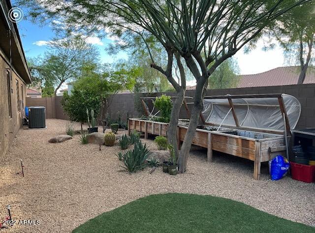 view of yard featuring central air condition unit and a fenced backyard