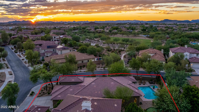 aerial view at dusk with a mountain view