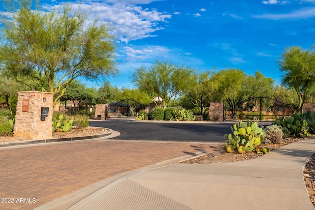 view of street featuring a gate, a gated entry, and curbs