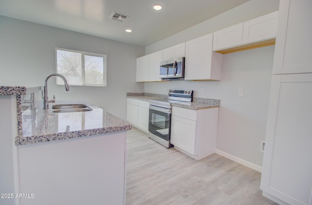 kitchen featuring visible vents, light stone countertops, stainless steel appliances, white cabinetry, and a sink