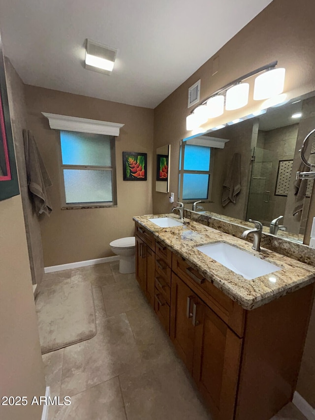 bathroom with vanity, toilet, and walk in shower