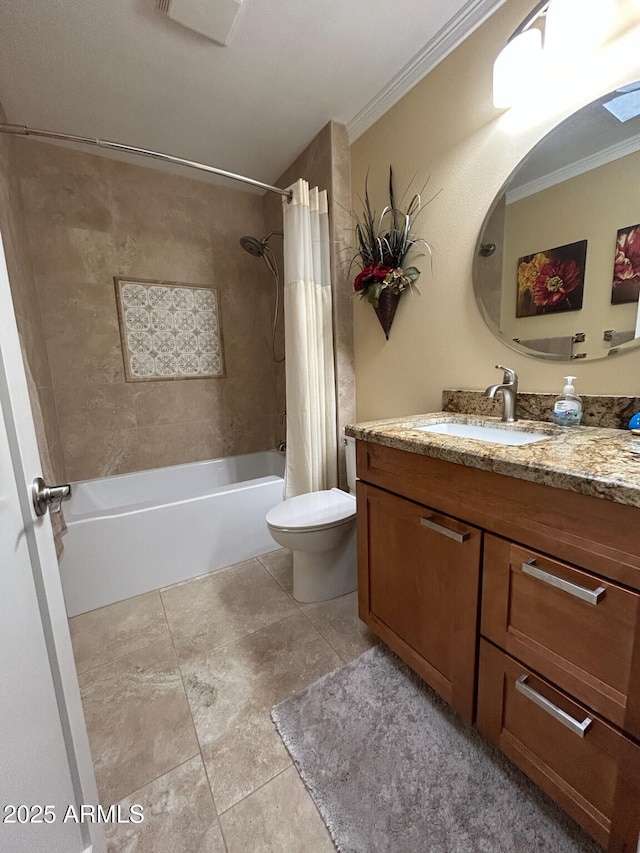 full bathroom featuring shower / bath combo, vanity, toilet, and ornamental molding