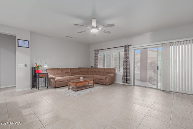 living room featuring ceiling fan